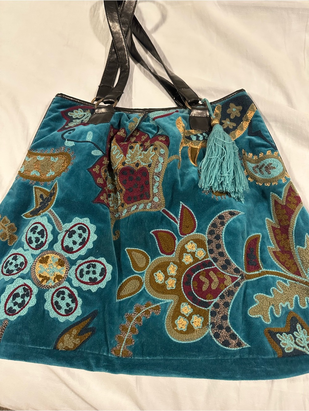 BUCO Teal Velvet Floral Hobo Bag with Tassel Accent - Picture 2 of 11